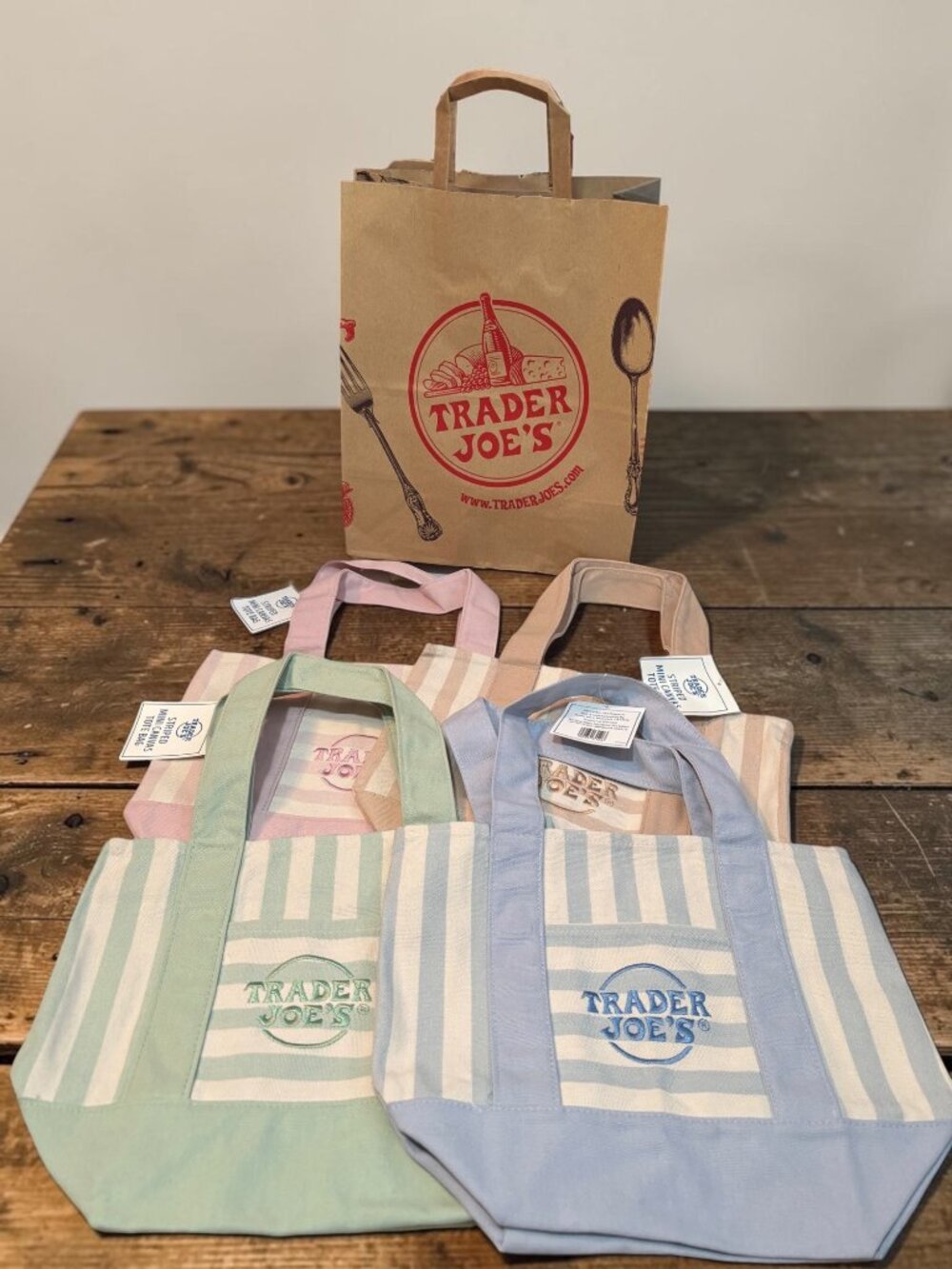 Trader Joes Striped Mini Canvas Tote Bags In 4 Colors: Pink Blue Green Beige